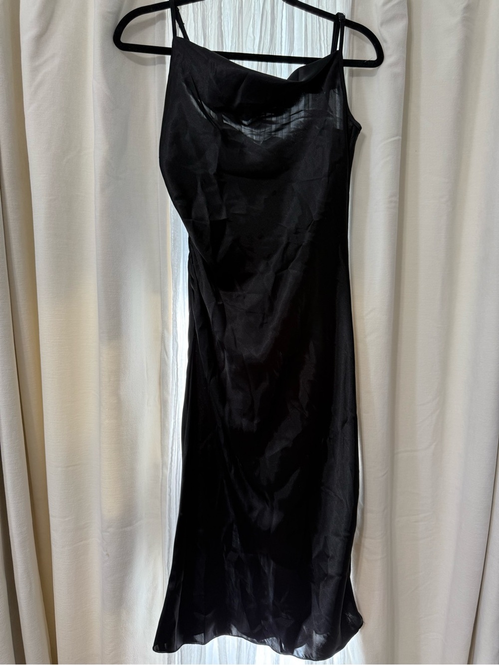 bebe Black Satin Slip Dress with Cowl Neck